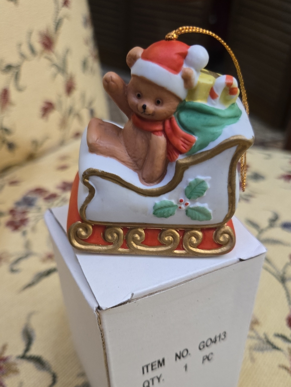 Festive Teddy Bear Sleigh Ornament - White, Red, Green